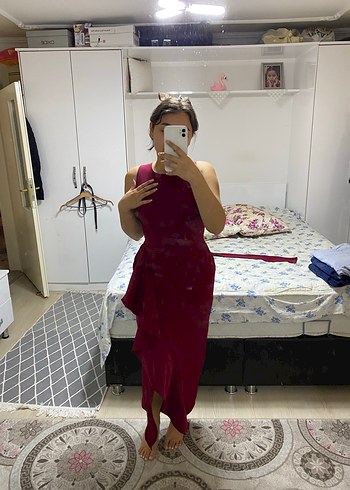Bordo Drapeli Midi Fitted Straplez Elbise - Görsel 6