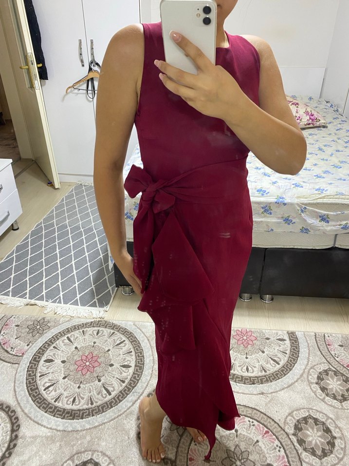 Bordo Drapeli Midi Fitted Straplez Elbise - Görsel 5