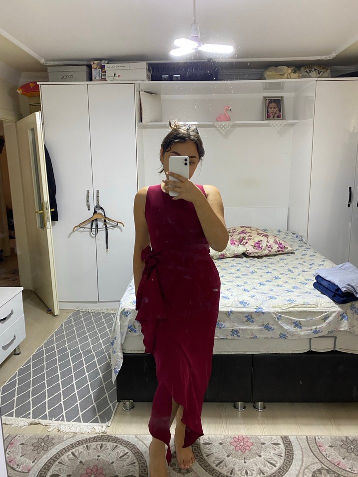 Bordo Drapeli Midi Fitted Straplez Elbise - Görsel 4