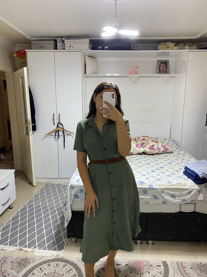 Kahverengi Kemerli Yeşil Midi Elbise - Görsel 4