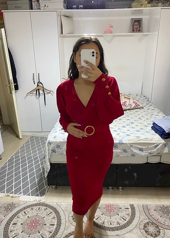s Beden kırmızı Renk Kırmızı V Yakalı Uzun Kollu Midi Elbise
