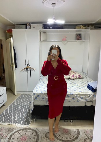 Diğer Kırmızı V Yakalı Uzun Kollu Midi Elbise