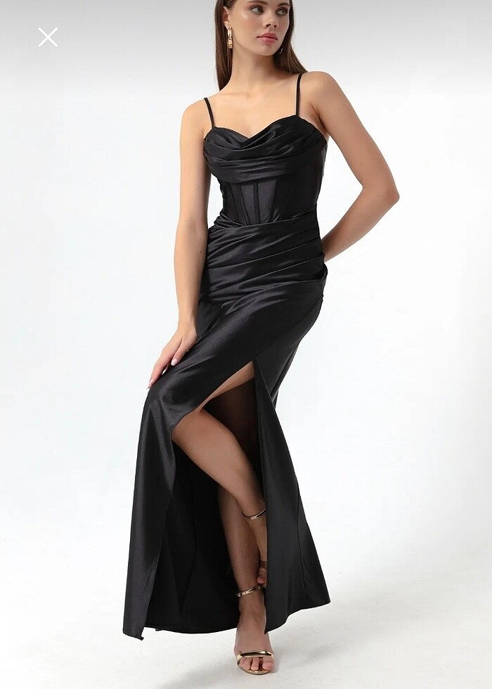 siyah korse detayli yirtmacli saten abiye elbise - Görsel 2