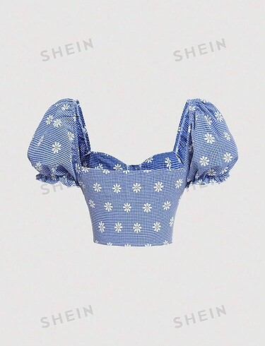 Sheinside Shein çiçekli mavi bluz/tişört