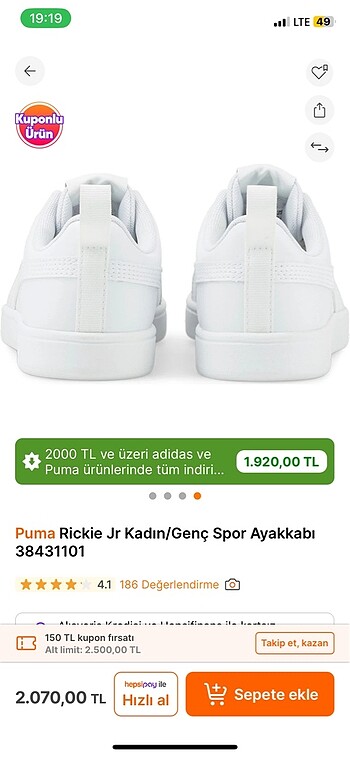 37,5 Beden beyaz Renk Puma spor ayakkabı