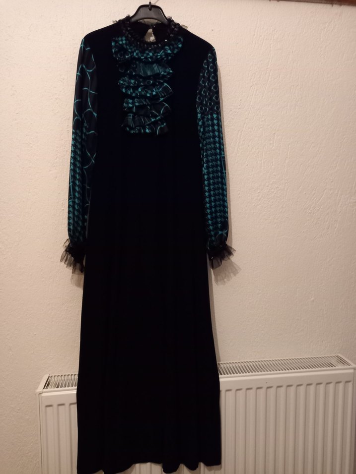 Uzun Kesim Turkuaz Desenli Elbise.esnek kumaş - Görsel 5