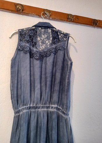 Düğmeli Mavi Uzun Elbise - Görsel 5