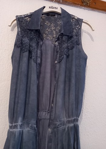 Düğmeli Mavi Uzun Elbise - Görsel 6