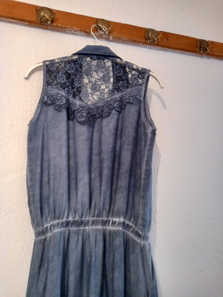 Düğmeli Mavi Uzun Elbise - Görsel 5