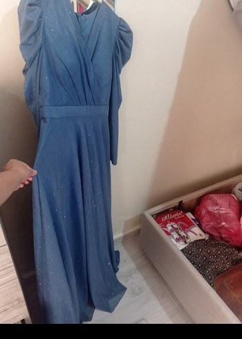 Uzun Kollu Mavi Parlak Abiye Elbise Uzun Kollu - Görsel 6