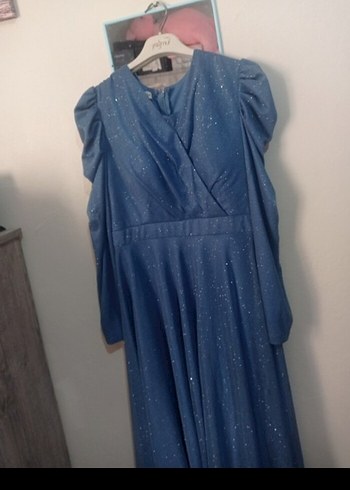 Uzun Kollu Mavi Parlak Abiye Elbise Uzun Kollu - Görsel 2