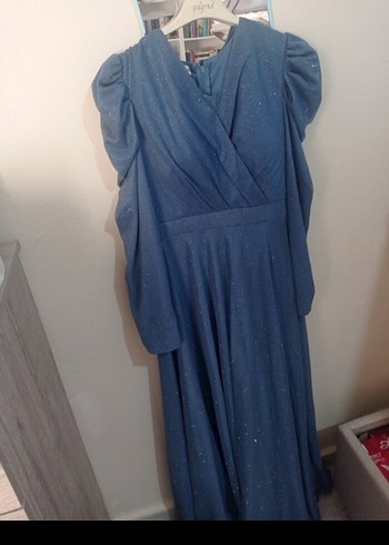 Uzun Kollu Mavi Parlak Abiye Elbise Uzun Kollu - Görsel 4