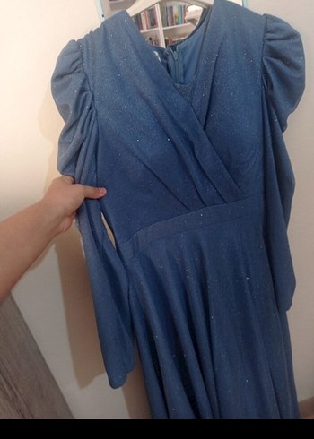 Uzun Kollu Mavi Parlak Abiye Elbise Uzun Kollu - Görsel 5