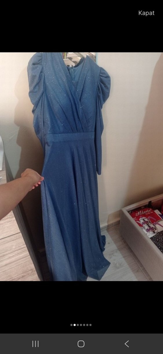 Uzun Kollu Mavi Parlak Abiye Elbise Uzun Kollu - Görsel 3