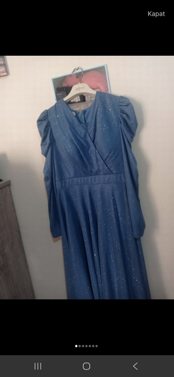 Uzun Kollu Mavi Parlak Abiye Elbise Uzun Kollu - Görsel 2