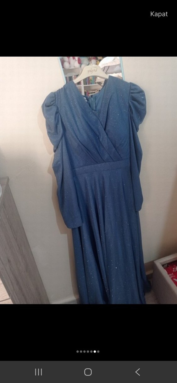 Uzun Kollu Mavi Parlak Abiye Elbise Uzun Kollu - Görsel 4