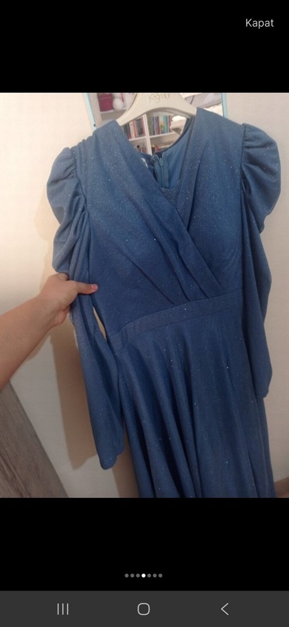 Uzun Kollu Mavi Parlak Abiye Elbise Uzun Kollu - Görsel 5