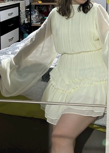 Beyaz Hakim Yaka Mini Elbise - Görsel 3