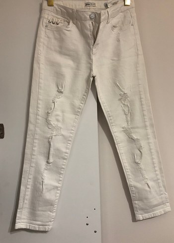Gri Beyaz Yırtık Denim Kadın Pantolon