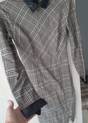 Uzun Kollu Gri Ekose Ofis Elbisesi - Görsel 2