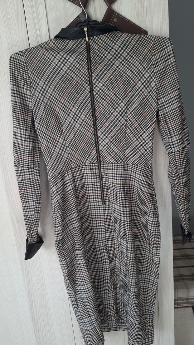 Uzun Kollu Gri Ekose Ofis Elbisesi - Görsel 4