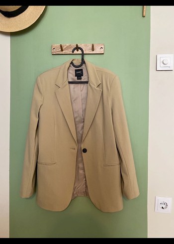 Pull and Bear Bej Kadın Ofis Midi Blazer Ceket