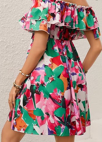Çiçek Desenli Renkli Bohem Mini Elbise - Görsel 2