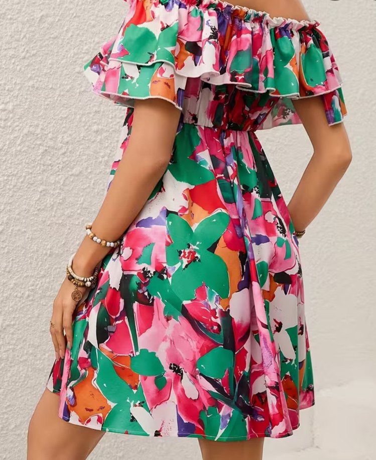 Çiçek Desenli Renkli Bohem Mini Elbise - Görsel 2