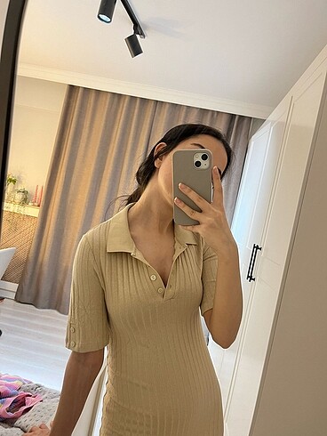 xs Beden camel Renk Polo Yaka Triko Elbise
