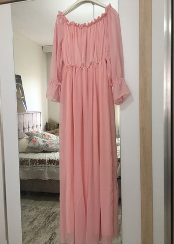 Pembe Salaş Bohem Uzun Elbise