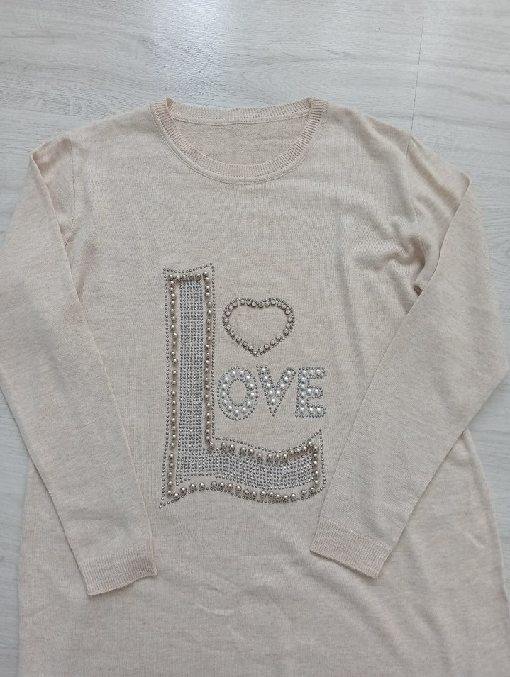 Uzun Kollu Bej Kadın Triko Tunik - Görsel 2