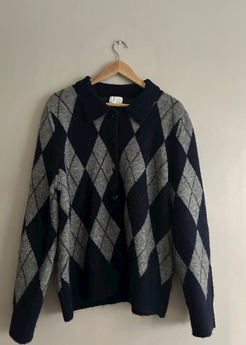 H&M Gri Ve Lacivert Baklava Desenli Hirka