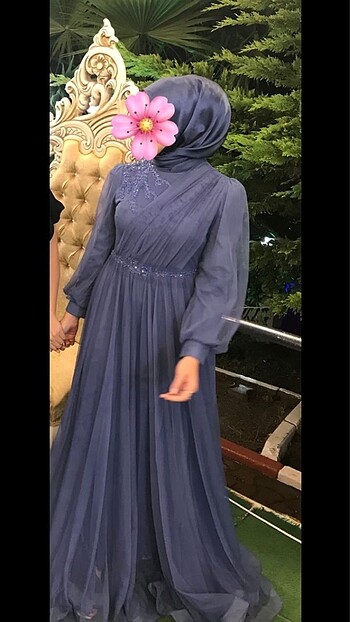 Zara İndigo Mavisi Tüllü Tesettür Abiye M/38