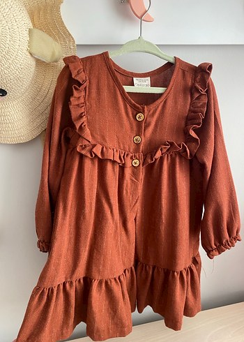 Kahverengi Keten Bohem Kız Elbisesi - Görsel 2