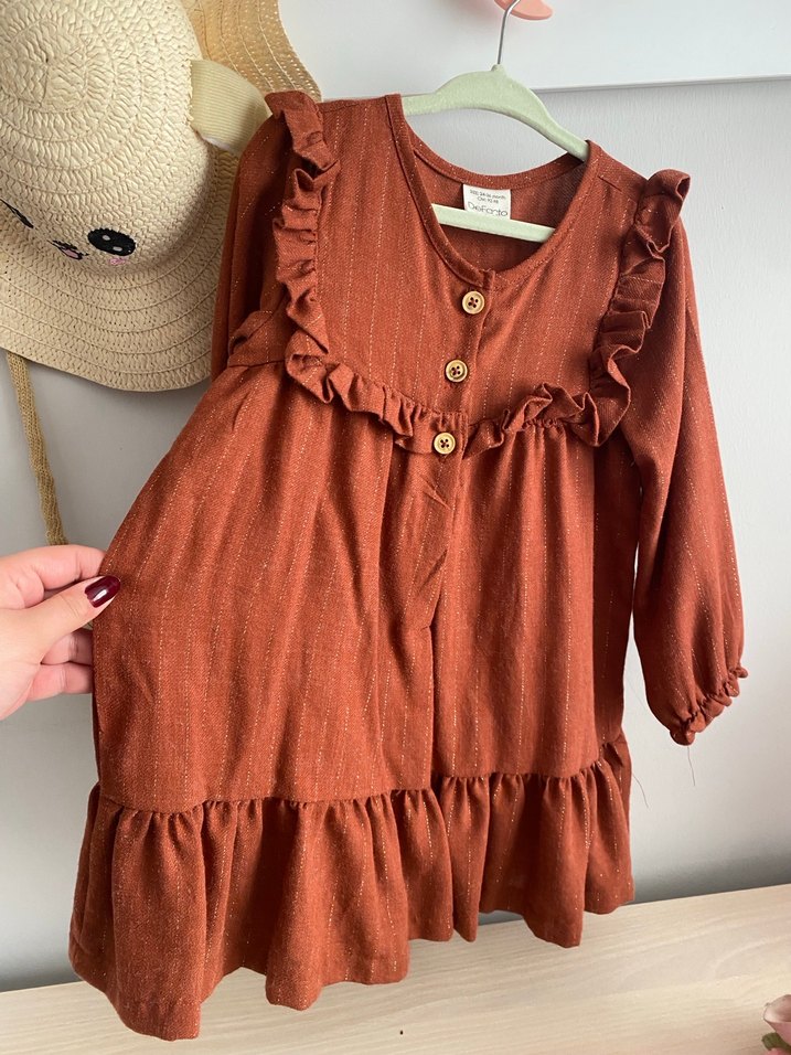 Kahverengi Keten Bohem Kız Elbisesi - Görsel 4