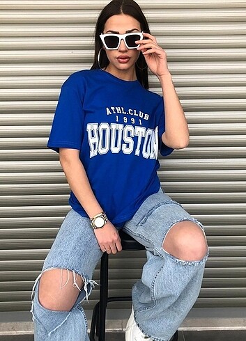 Kadın Mavi Houston Baskılı Oversize T-shirt
