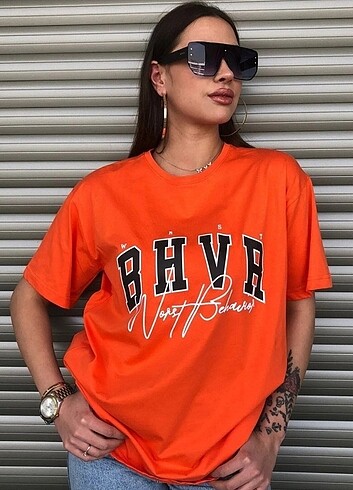 Kadın Turuncu Bhvr Baskılı Oversize T-shirt