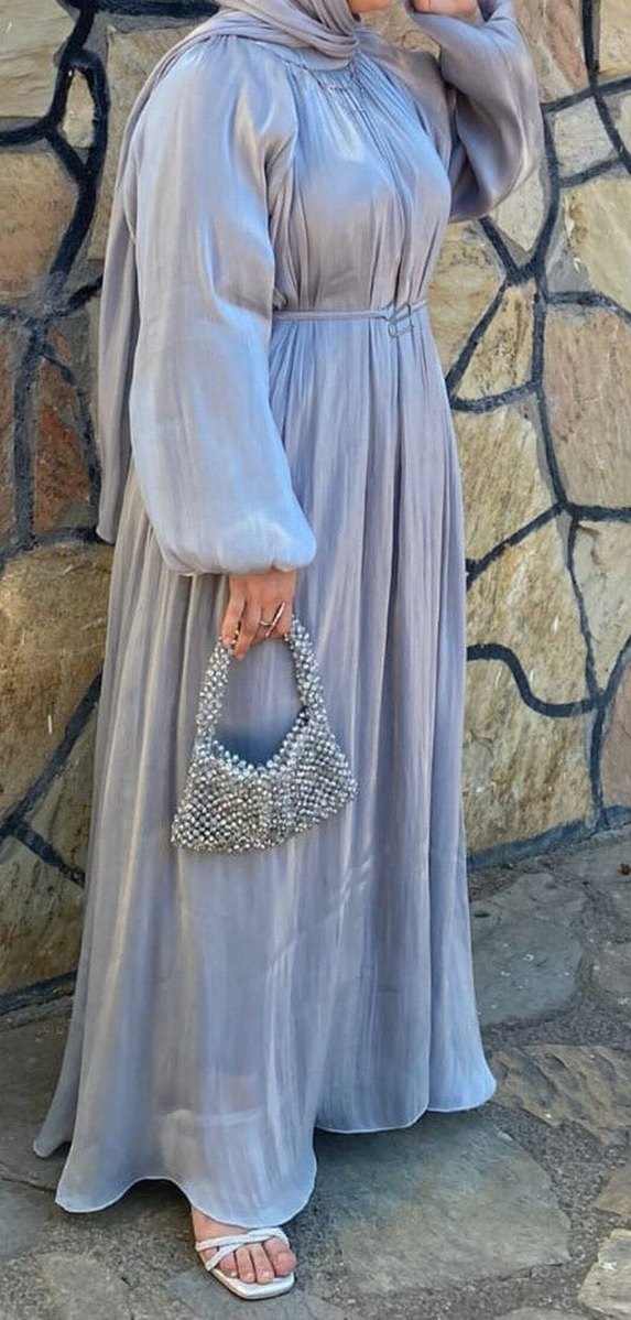 Gri Bohem Uzun Keten Elbise - Görsel 2