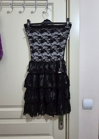 Siyah Straplez Dantelli Gotik Midi Elbise