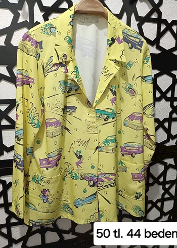 Diğer Canli Sari Retro Araba Desenli Blazer Ceket
