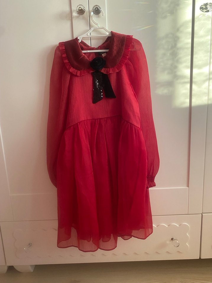 Kırmızı Uzun Kollu Kız Elbisesi - Görsel 2