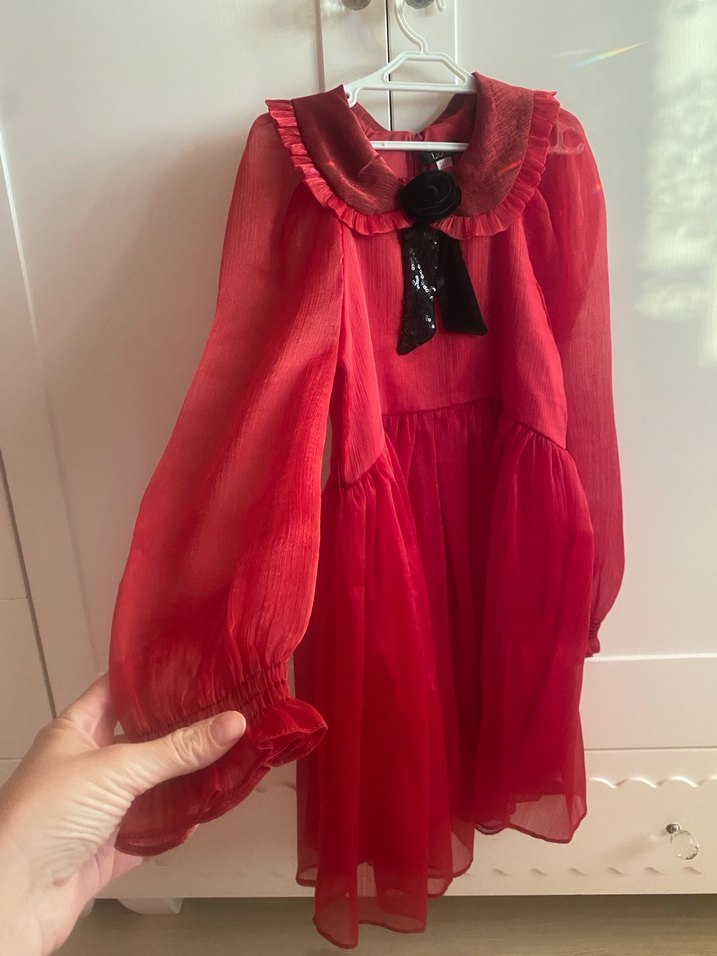 Kırmızı Uzun Kollu Kız Elbisesi - Görsel 3