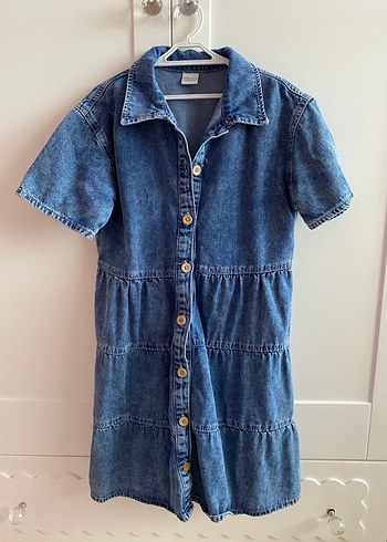 Düğmeli Kısa Kollu Denim kot Elbise - Görsel 2