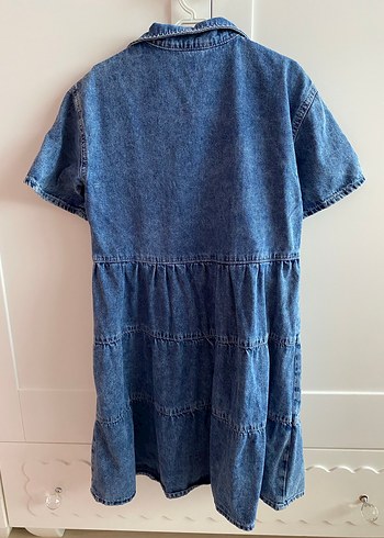 Düğmeli Kısa Kollu Denim kot Elbise - Görsel 4