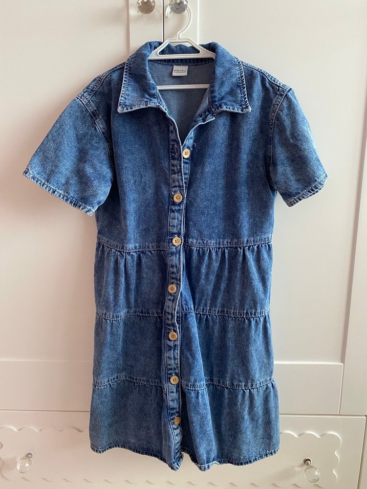 Düğmeli Kısa Kollu Denim kot Elbise - Görsel 2