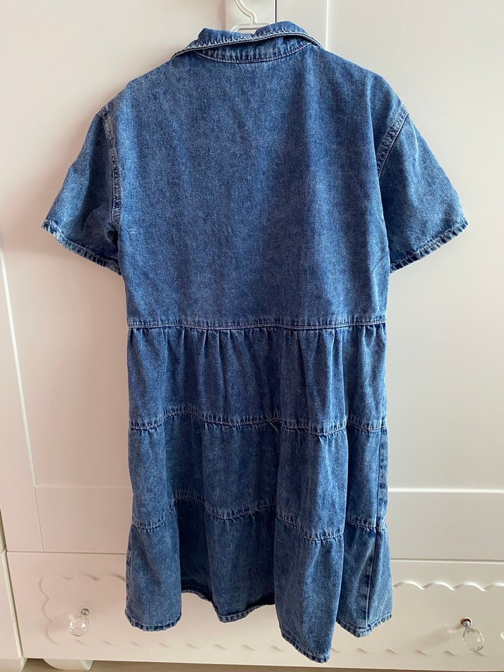 Düğmeli Kısa Kollu Denim kot Elbise - Görsel 4