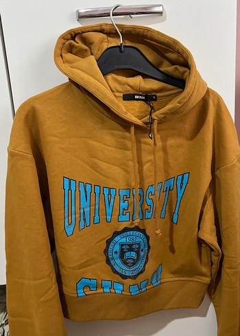 Kahverengi Kapüşonlu Baskılı Sweatshirt