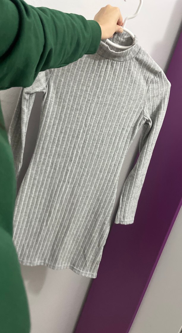 Kadın Gri Yüksek Yakalı Triko Elbise - Görsel 2