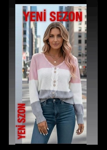 V YAKALI ÖNDEN DÜĞMELİ RENK BLOKLU TRİKO KAZAK - Görsel 2