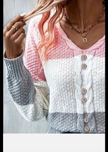 V YAKALI ÖNDEN DÜĞMELİ RENK BLOKLU TRİKO KAZAK - Görsel 6